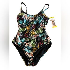 NWT OP Ocean Pacific Black Tropical Floral One Piece Bathing Suit Size Small